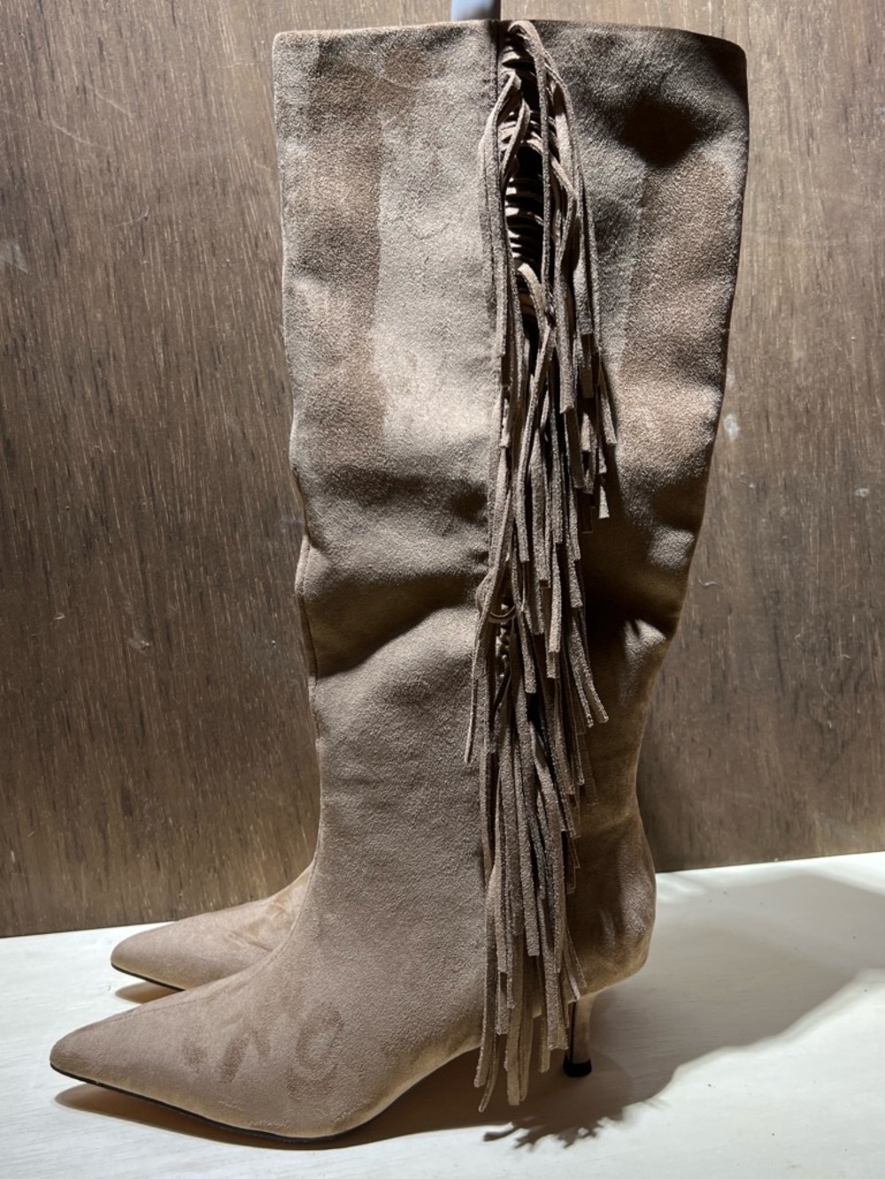 Fringe Suede Knee-High Boots - Taupe